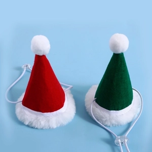 Christmas felt pet hats in red and green with adjustable straps and faux fur trim