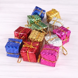 Mini laser foil Christmas tree gift box ornaments in assorted metallic colors and gold strings