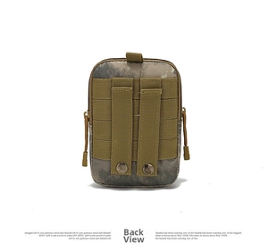 Tactical camo waist pouch detail featuring Molle webbing system and metal snap straps