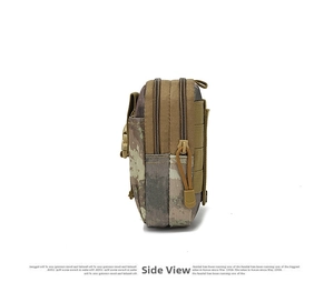 Detailed side view of desert camo tactical waist bag with double zippers and MOLLE webbing