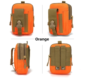 Four-angle view of orange tactical waist bag with dual zippers and Molle strap system