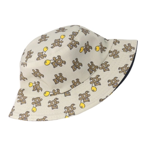 Reversible oatmeal canvas bucket hat with cute cartoon bear print for sun protection