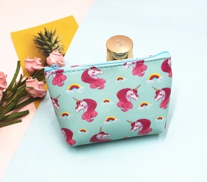 Mint green unicorn coin purse with rainbow pattern and durable cross-grain PU leather