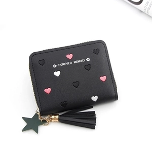 Black leather short wallet for women featuring heart embroidery and tassel star charm