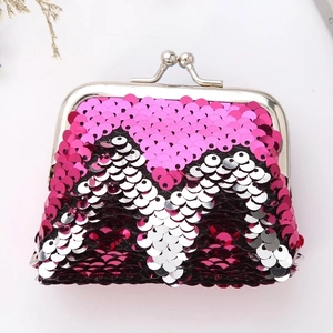 3 inch mini sequin coin purse with metal clasp featuring pink and purple geometric patterns
