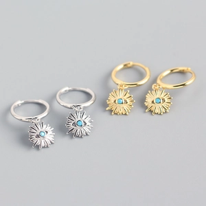 Evil Eye Sun Hoop Earrings For Women 925 Sterling Silver Bohemian Turquoise Starburst Dangle Leverback