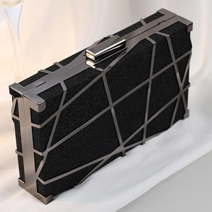Elegant black glitter box evening clutch with geometric gunmetal metal cage overlay