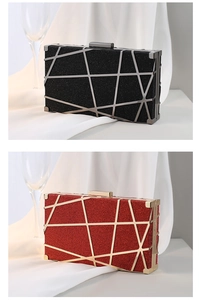 Detail of red and black glitter evening bags with metal hollow geometric frame overlays