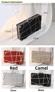 Detail view of evening clutch bag showing 19x11x4cm dimensions and four color options