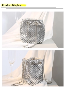 Detail of silver rhinestone bucket bag showing shimmering sequins and metal chain strap