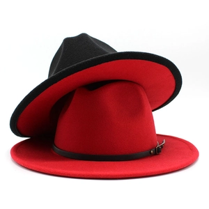 Classic red and black two-tone wool fedora hats with stylish leather belt buckle