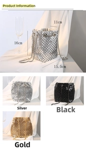Detailed size specifications of the shimmering rhinestone bucket bag in three colors
