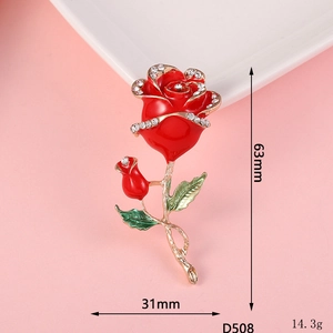 Detailed size view of red rose brooch with dimensions 63mm by 31mm and D508 model number