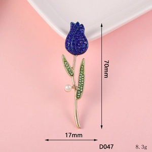 Elegant 70mm tulip flower brooch with blue rhinestones and pearl on gold alloy stem