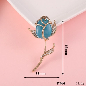 Detailed view of rose brooch with blue cat eye stone and crystals, 65mm x 33mm