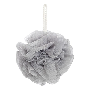 Macro detail of a soft grey mesh bath sponge showing fine textures and white hanging rope