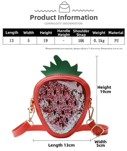 Detailed size chart for kids strawberry sequin bag showing dimensions 13x5x19cm