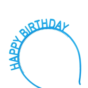 Blue plastic birthday headband with Happy Birthday text for party celebrations