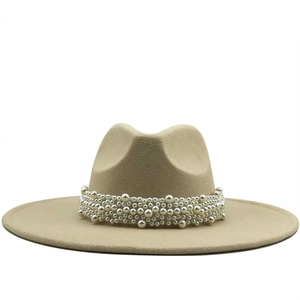 Elegant wide brim wool jazz fedora hat in beige with decorative faux pearl band