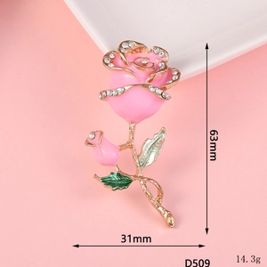 Pink rose flower brooch with crystals and gold leaves, size 63mm x 31mm, model D509