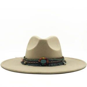 Chic beige wide brim wool fedora hat featuring boho ethnic beaded band and turquoise stone