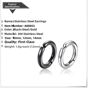 Size comparison and specifications for stainless steel hoop earrings in black and silver