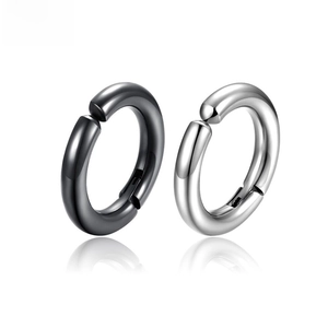 Polished stainless steel clip-on hoop earrings in black and silver finishes for men