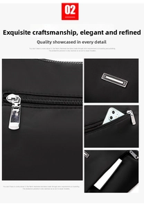 Detail of waterproof nylon crossbody bag showing stitching, zippers and rear phone pocket