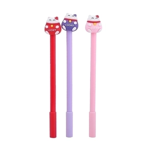 Three cute cartoon cat gel pens in red, purple, and pink with lucky mascot toppers
