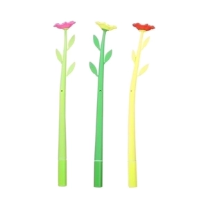 Three creative flower-shaped gel pens in pink, yellow, and red with leafy stems