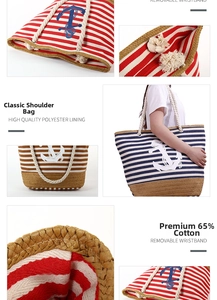 Detail of nautical striped tote with cotton rope handles and woven straw bottom panel