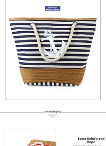 Detail of nautical canvas tote with blue stripes, anchor print and reinforced rope handles