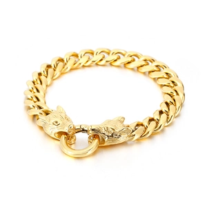 Punk style stainless steel gold curb chain bracelet with dual wolf head clasp design