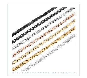 Detail view of Byzantine weave chains in black, silver, gold and rose gold stainless steel