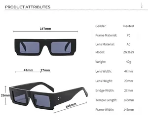 Detailed size chart for square sunglasses showing lens width and PC frame dimensions