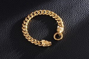 Detail showing carved golden wolf heads and ring buckle on a punk cuban chain bracelet
