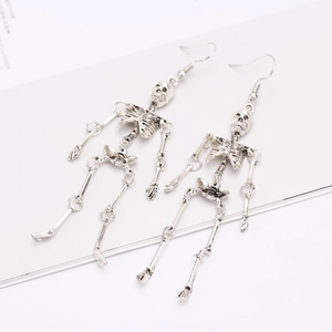 Vintage silver skeleton drop earrings with detailed skull and bone design for Halloween