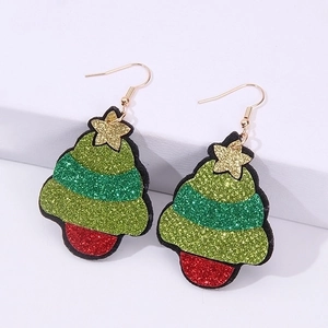 Sparkly Christmas tree earrings with sequins and festive red and gold accents for women