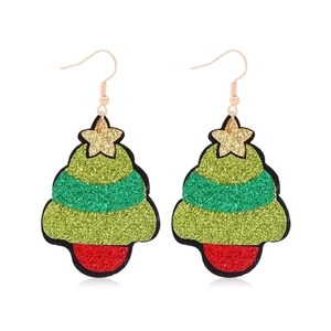 Christmas tree drop earrings with green sequins and gold stars on a white background