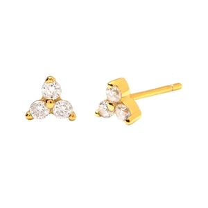 Detail view of gold S925 silver stud earrings with three white zircon stones set in clover shape
