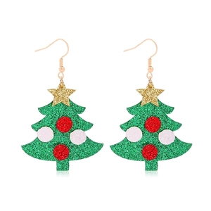 Christmas tree earrings with green glitter finish and gold star atop a white background
