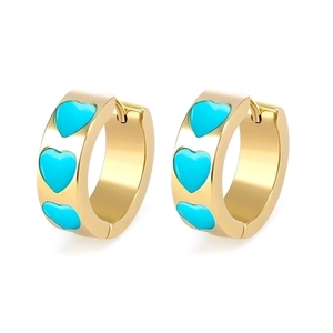 18k gold plated heart hoop earrings with sky blue enamel hearts for women fashion