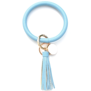Sky blue litchi pattern PU leather wristlet keychain with elegant tassel and gold hardware
