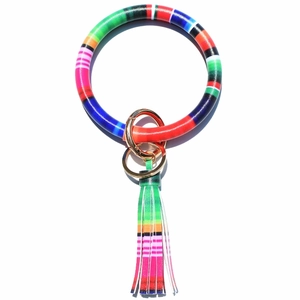Colorful striped leather O-ring bracelet keychain with long tassel and gold hardware
