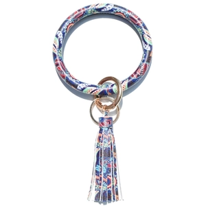 Paisley floral leather wristband keychain with tassel and golden metal rings