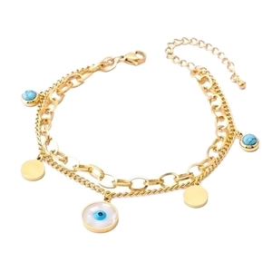 Zweilagiges goldenes Edelstahlarmband mit blauem Evil Eye und runden Muschelanhängern