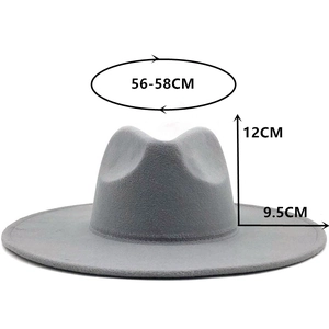 Grey wool wide brim fedora hat with dimensions 58cm circumference and 9.5cm brim width