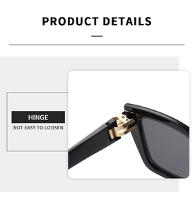 Detail of sturdy gold metal hinge and screws on black square frame sunglasses