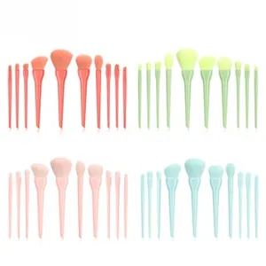 Detail of 7-piece colorful makeup brush set with matching bristles and handles in 4 colors