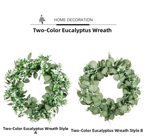 Detailed view comparing green eucalyptus wreath styles with small white flower accents